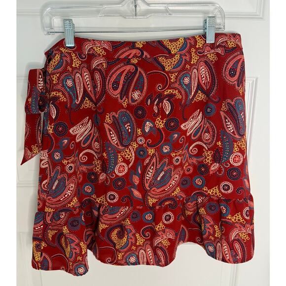 LOFT Red Paisley Wrap Mini Skirt Size 10 – Ruffle Hem Boho Festival Style - Picture 2 of 7